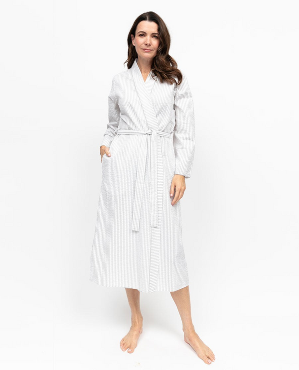 Nora Rose Willow Womens Lace Trim Seersucker Stripe Robe