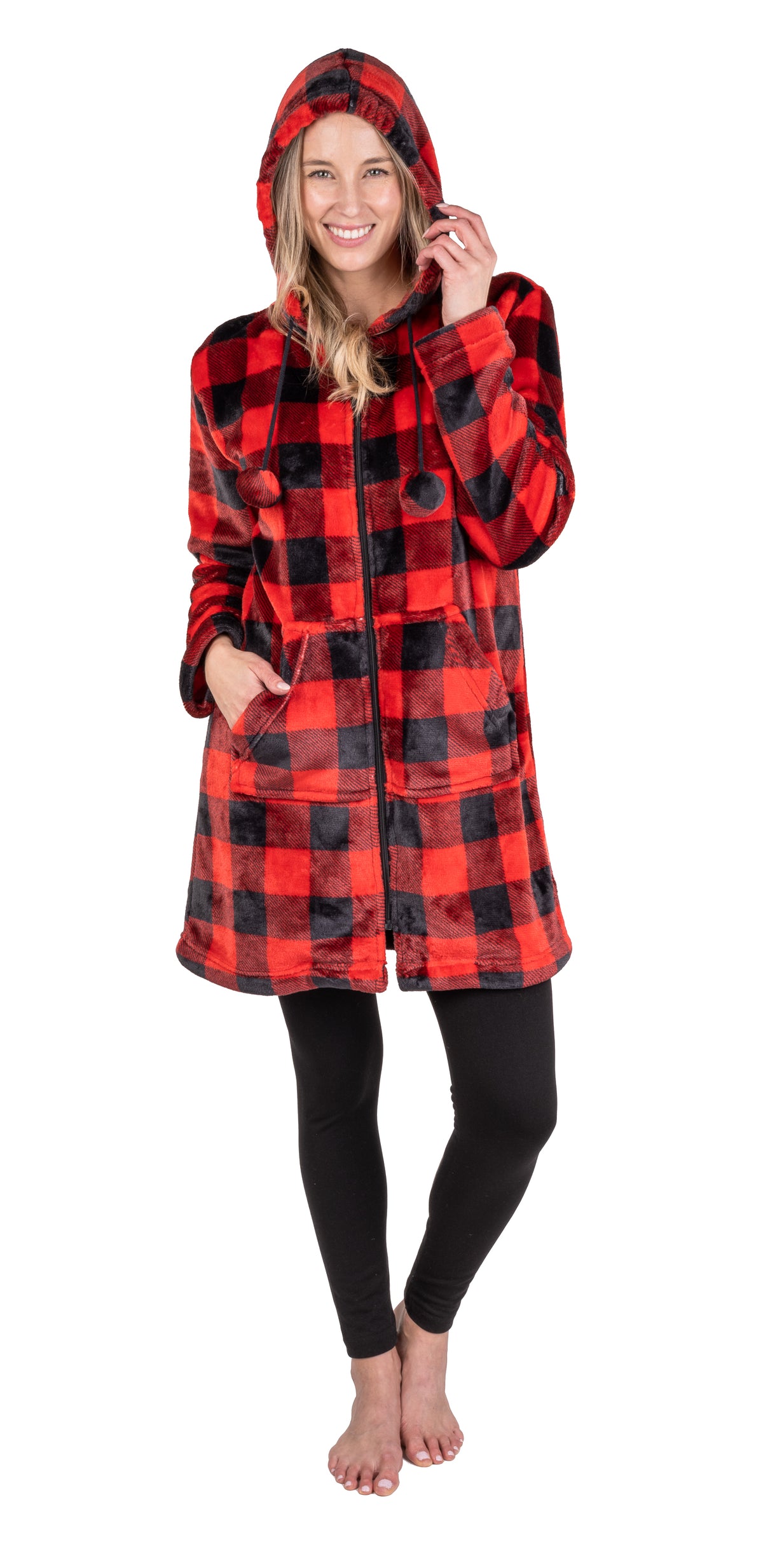 Patricia Plush Buffalo Plaid Hooded Zipper Robe 40"