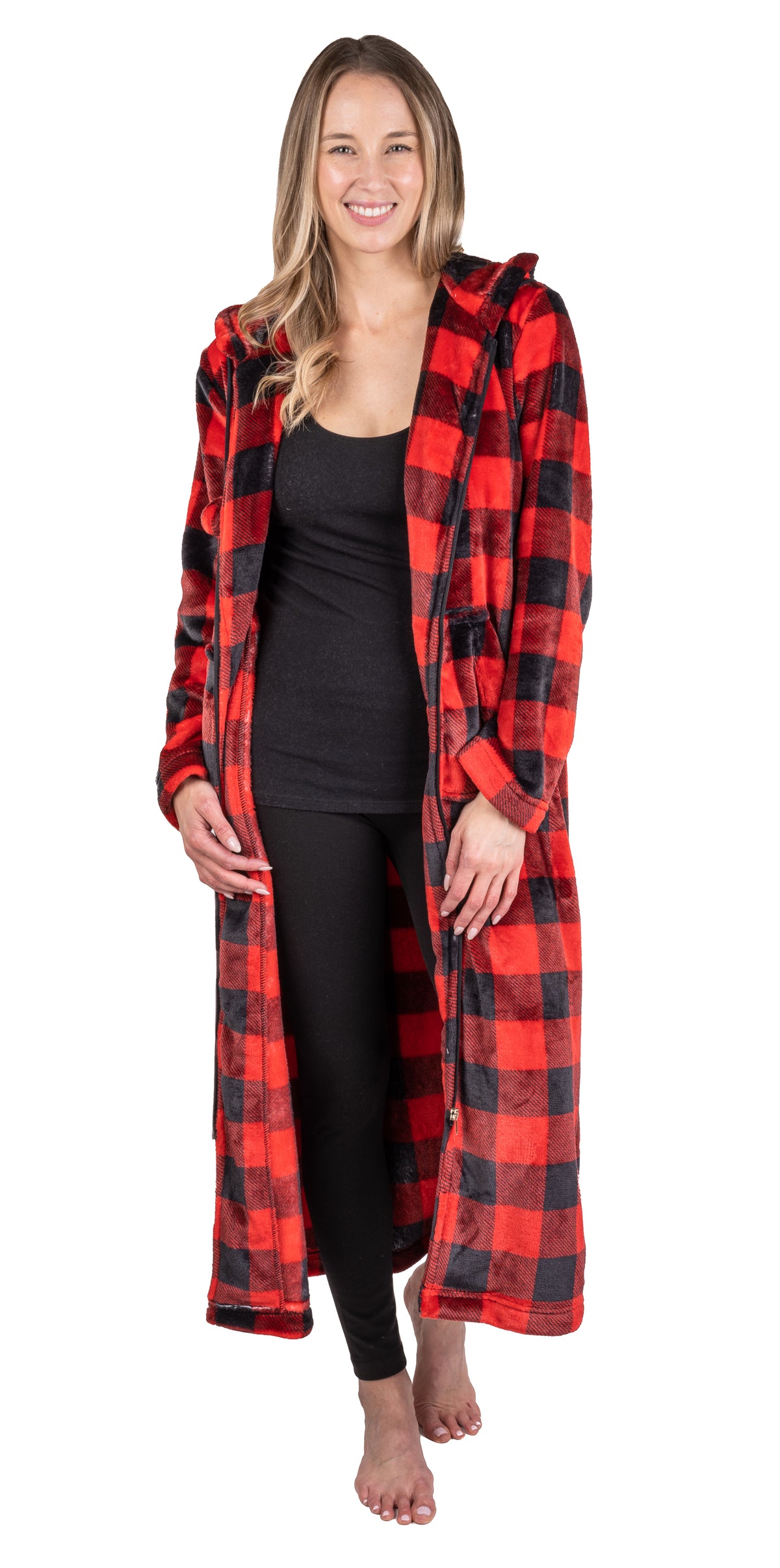 Patricia Plush Buffalo Plaid Hooded Zipper Robe 48"