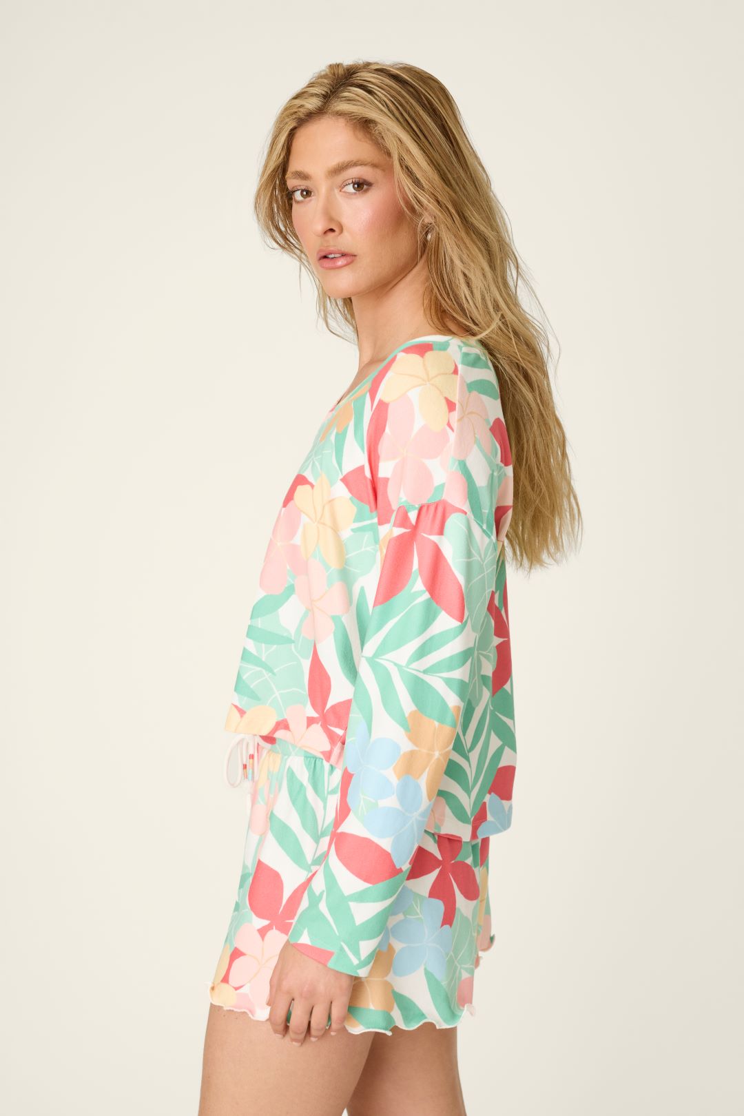 PJ Salvage Coastal Club Sunset Blooms Long Sleeve Top and Short Set