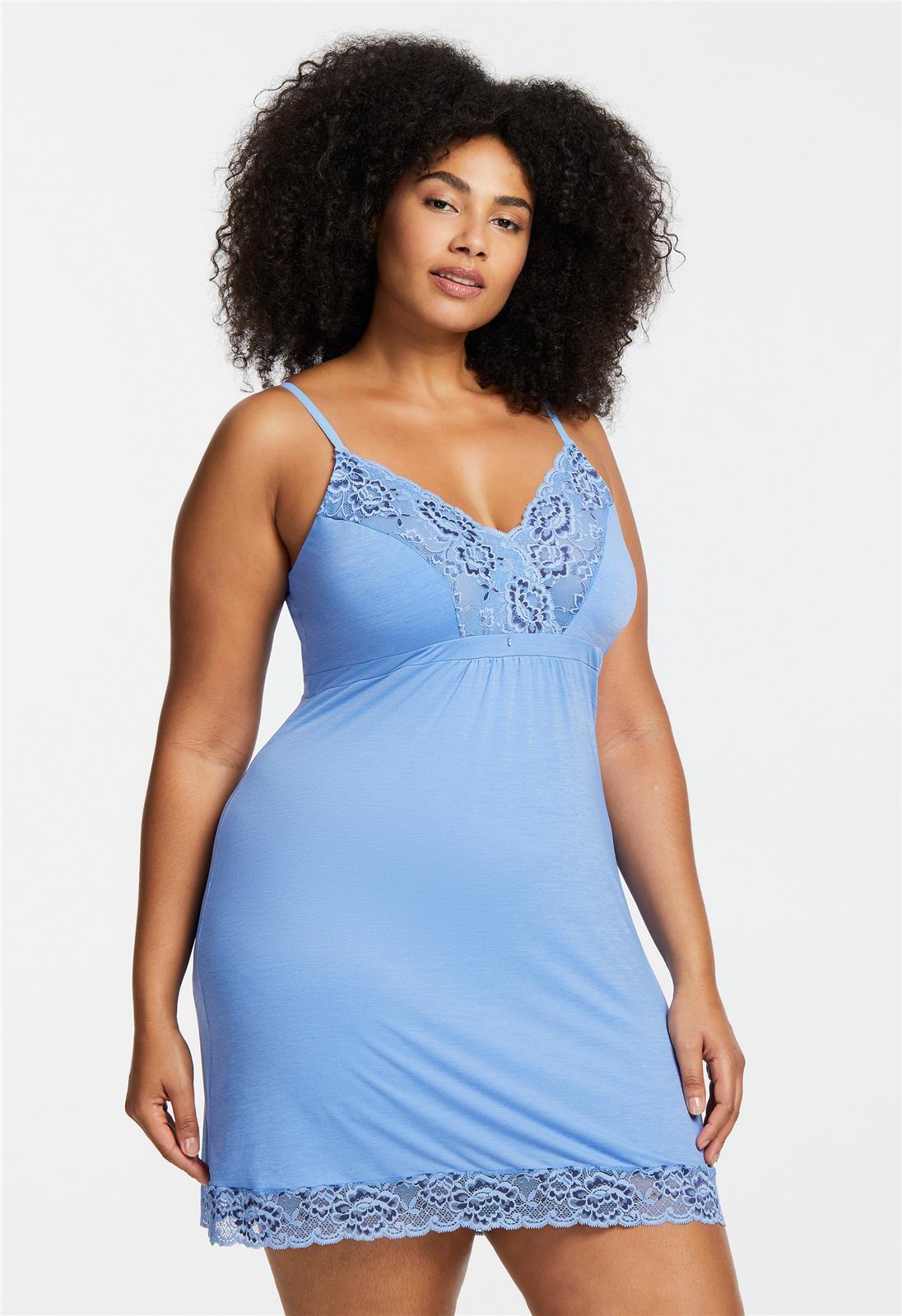 Montelle Microfiber and Lace Chemise-Denim Blue