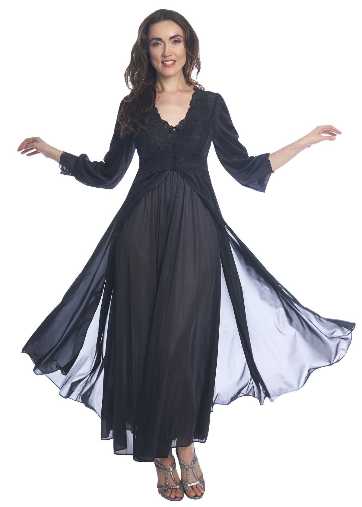Shadowline Long Lace Bodice Button Down Robe